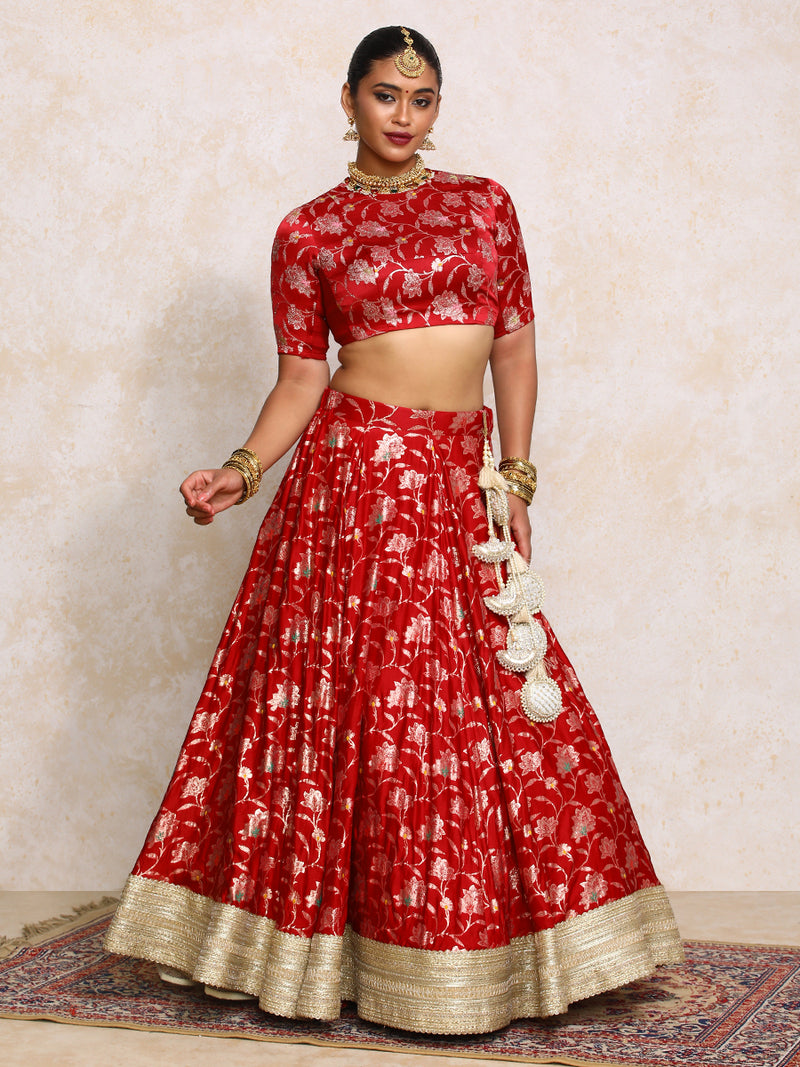 Meenakshi x Tyohaar | Red Meenkari Satin Viscose FlareFit™ Lehenga Set-Binks