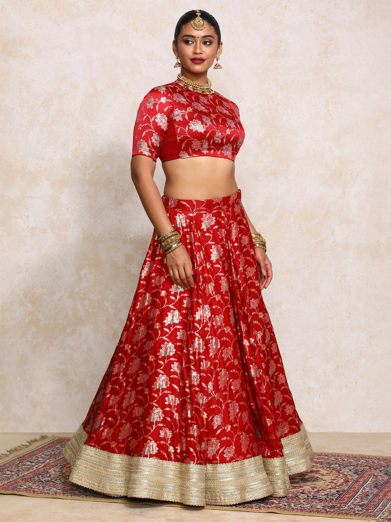 Meenakshi x Tyohaar | Red Meenkari Satin Viscose FlareFit™ Lehenga Set-Binks