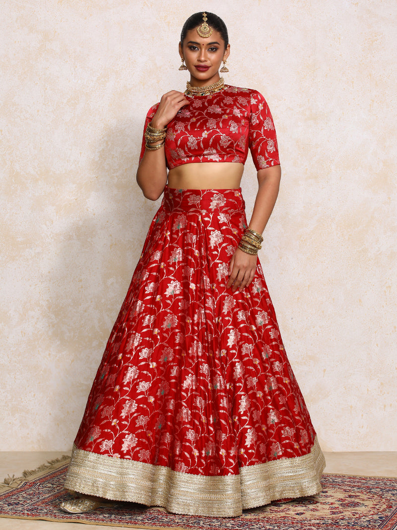 Meenakshi x Tyohaar | Red Meenkari Satin Viscose FlareFit™ Lehenga Set-Binks