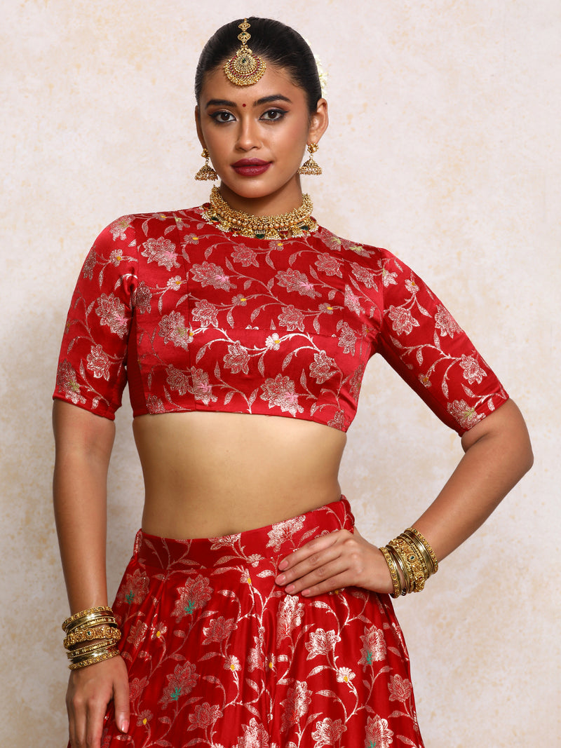 Meenakshi x Tyohaar | Red Meenkari Satin Viscose FlareFit™ Lehenga Set-Binks