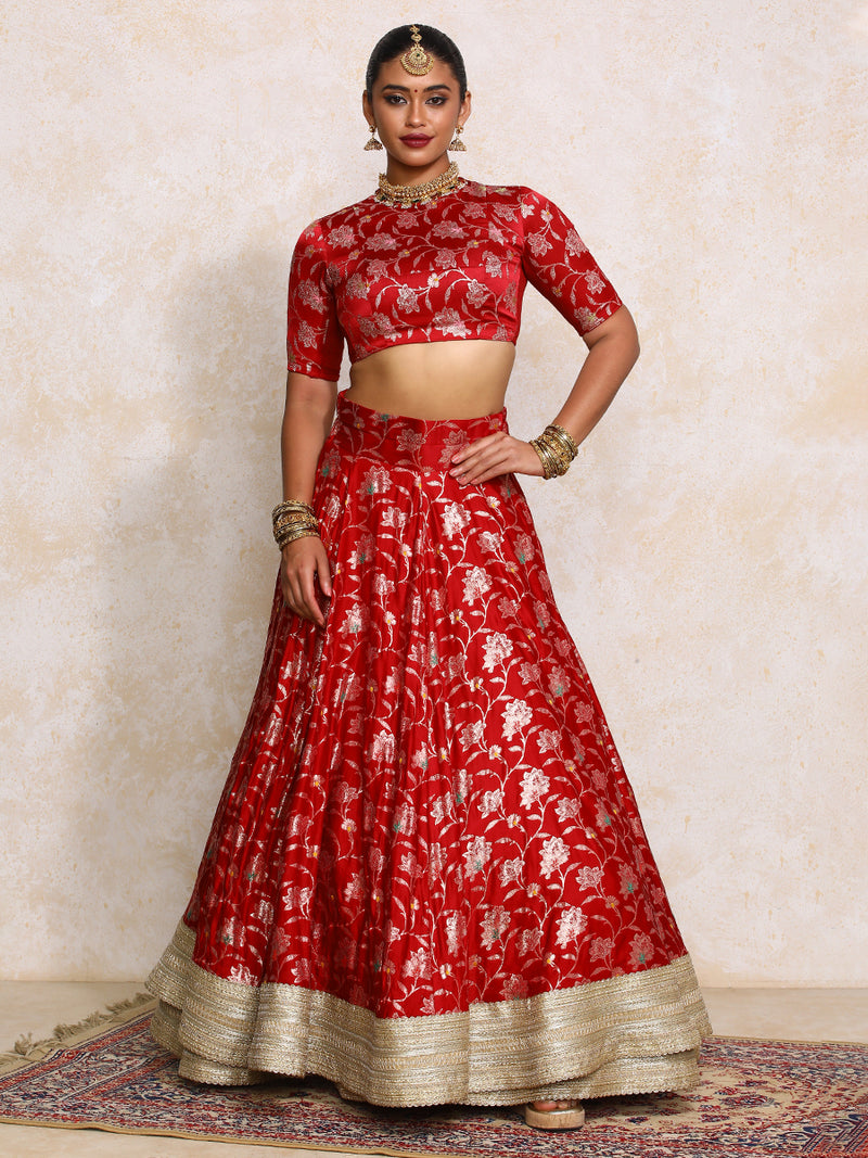 Meenakshi x Tyohaar | Red Meenkari Satin Viscose FlareFit™ Lehenga Set-Binks