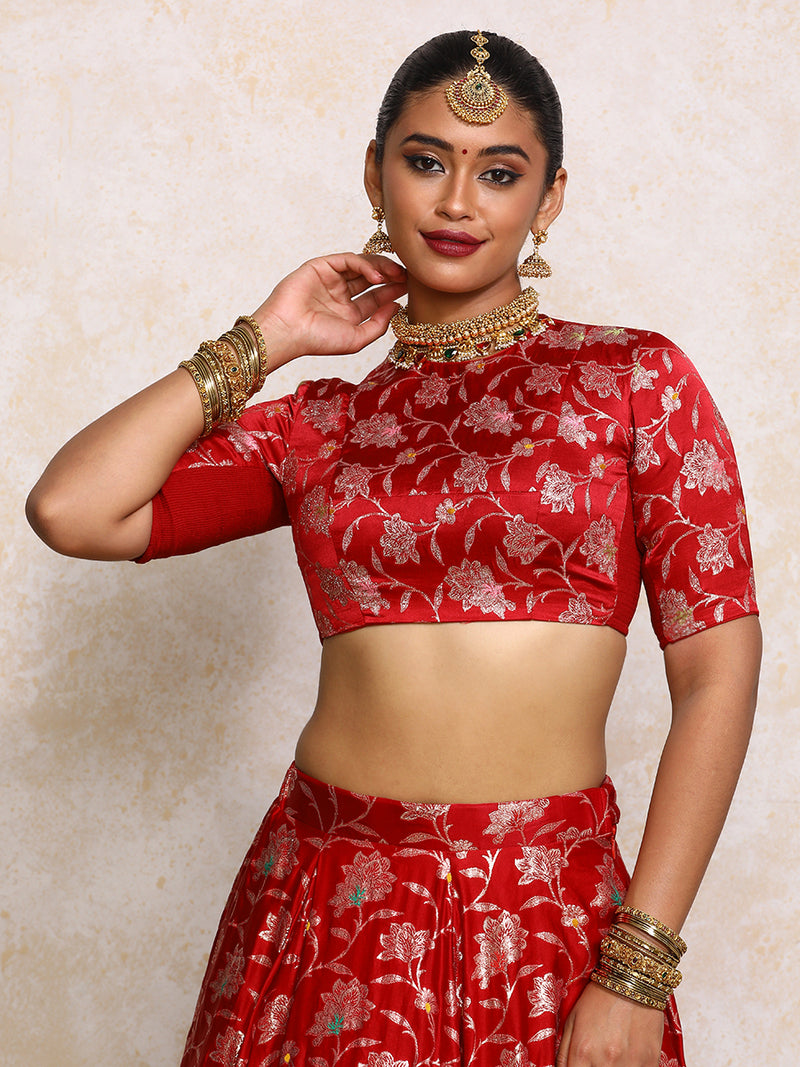 Meenakshi x Tyohaar | Red Meenkari Satin Viscose FlareFit™ Lehenga Set-Binks