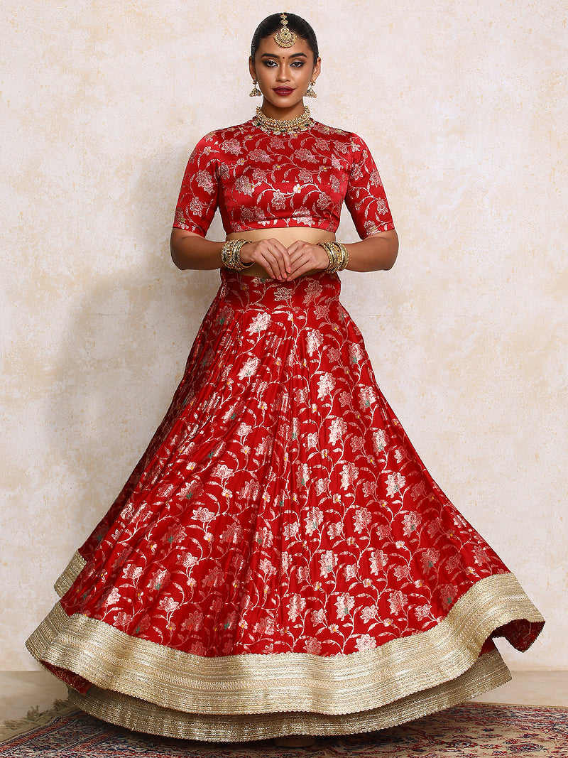 Meenakshi x Tyohaar | Red Meenkari Satin Viscose FlareFit™ Lehenga Set-Binks