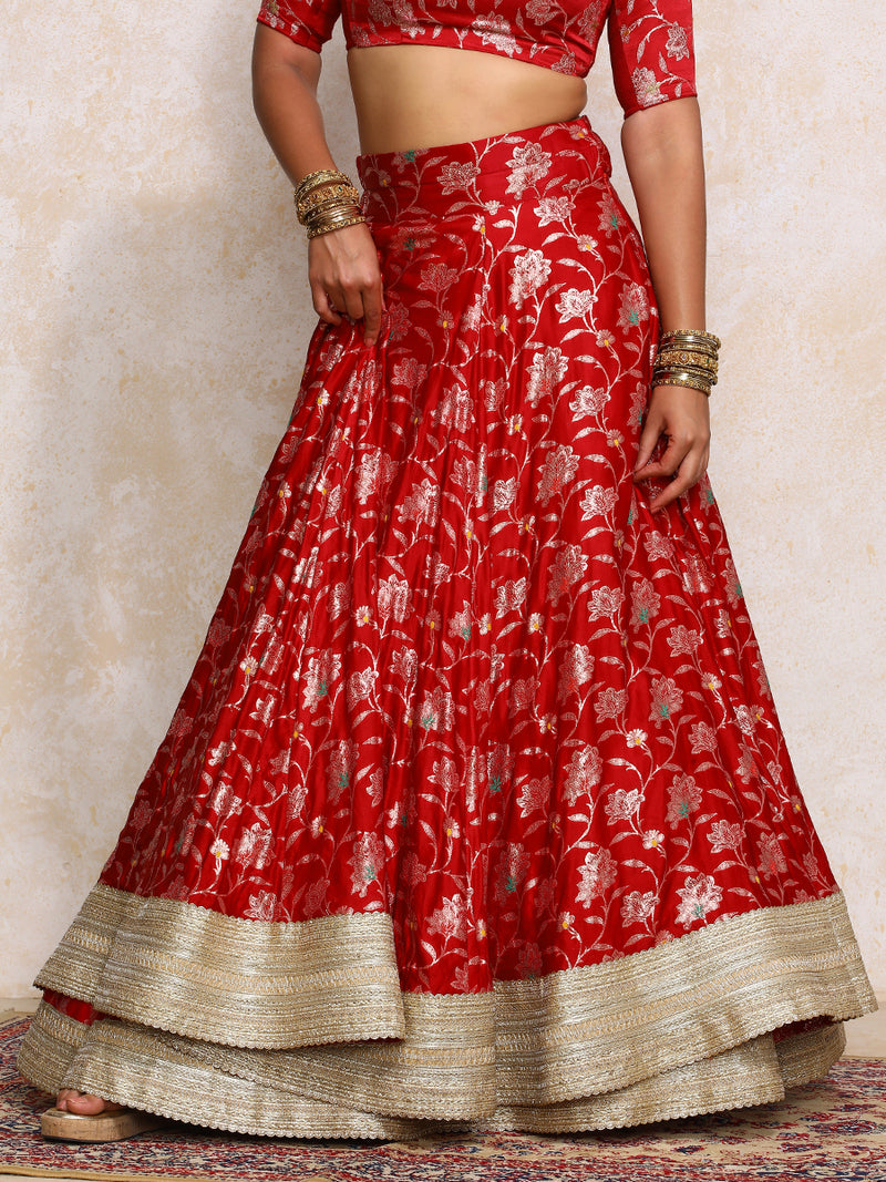 Meenakshi x Tyohaar | Red Meenkari Satin Viscose FlareFit™ Lehenga Set-Binks