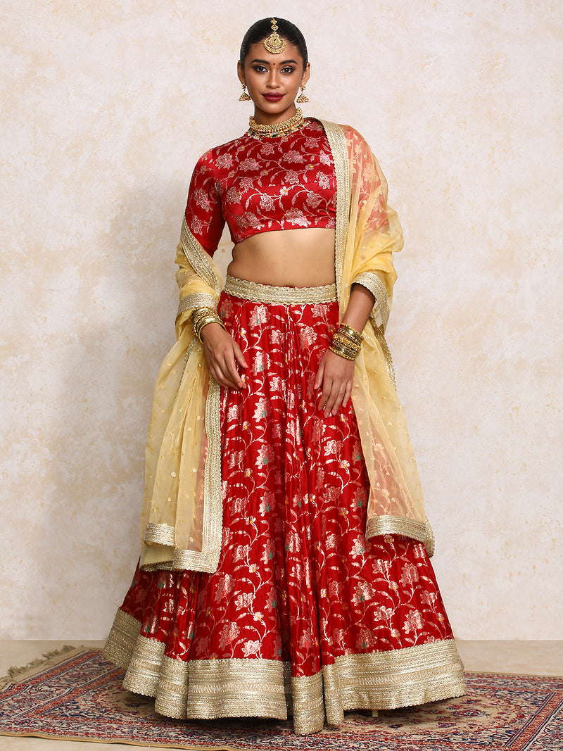 Meenakshi x Tyohaar | Red Meenkari Satin Viscose FlareFit™ Lehenga Set-Binks