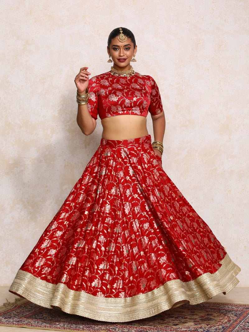 Meenakshi x Tyohaar | Red Meenkari Satin Viscose FlareFit™ Lehenga Set-Binks