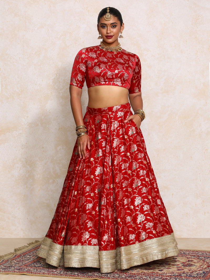 Meenakshi x Tyohaar | Red Meenkari Satin Viscose FlareFit™ Lehenga Set-Binks