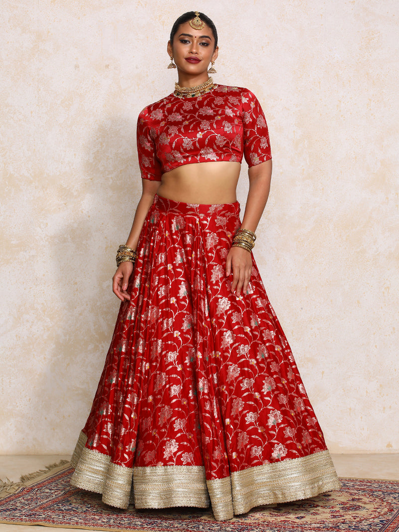 Meenakshi x Tyohaar | Red Meenkari Satin Viscose FlareFit™ Lehenga Set-Binks