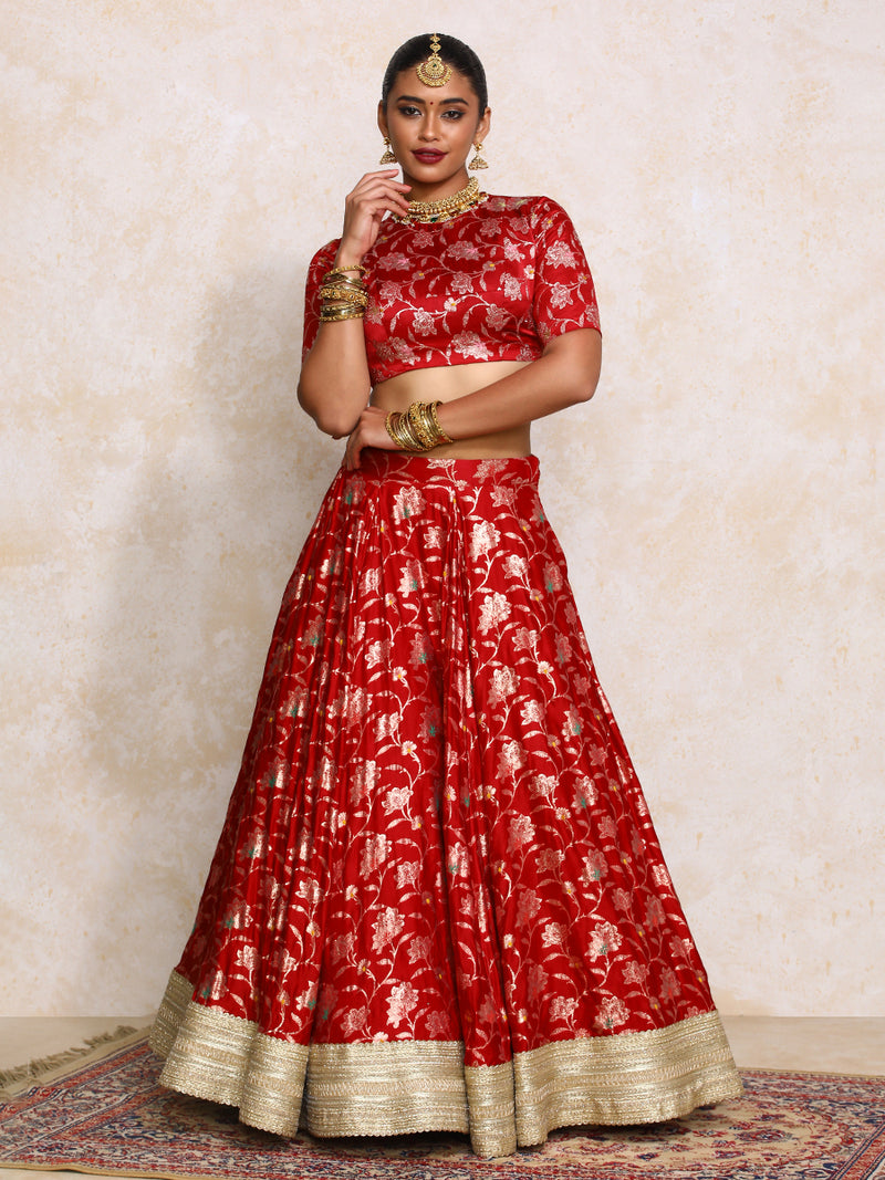 Meenakshi x Tyohaar | Red Meenkari Satin Viscose FlareFit™ Lehenga Set-Binks