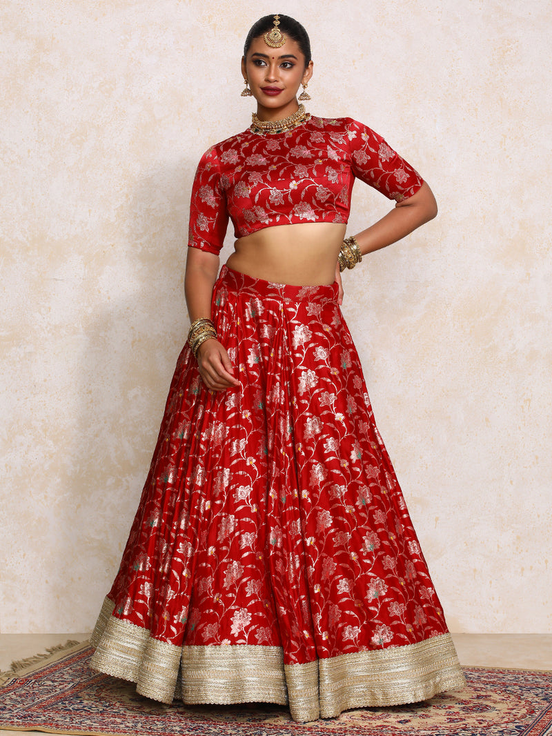 Meenakshi x Tyohaar | Red Meenkari Satin Viscose FlareFit™ Lehenga Set-Binks