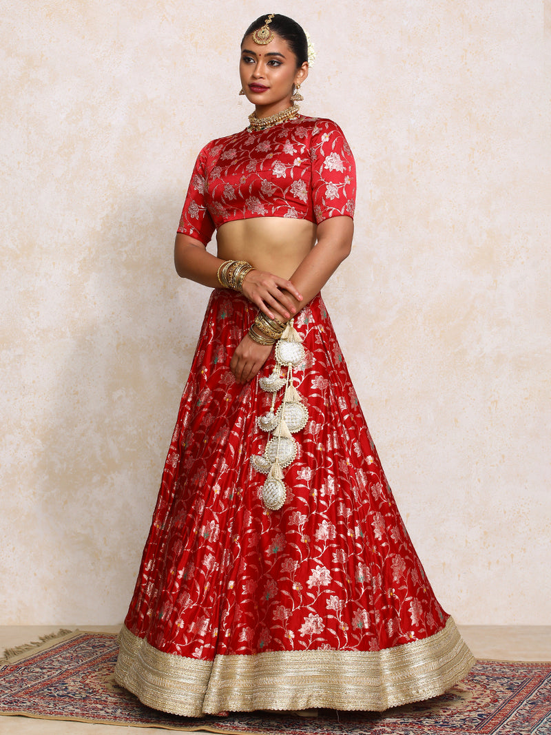 Meenakshi x Tyohaar | Red Meenkari Satin Viscose FlareFit™ Lehenga Set-Binks