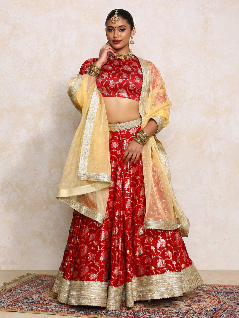 Meenakshi x Tyohaar | Red Meenkari Satin Viscose FlareFit™ Lehenga Set-Binks