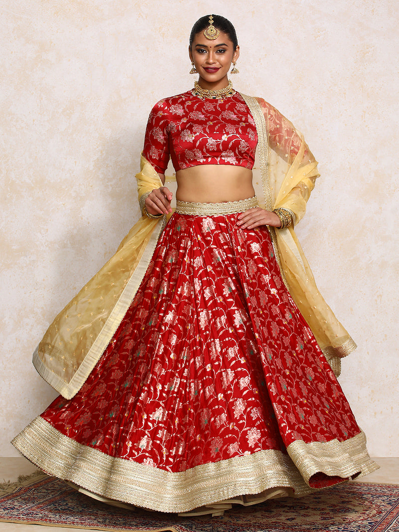 Meenakshi x Tyohaar | Red Meenkari Satin Viscose FlareFit™ Lehenga Set-Binks