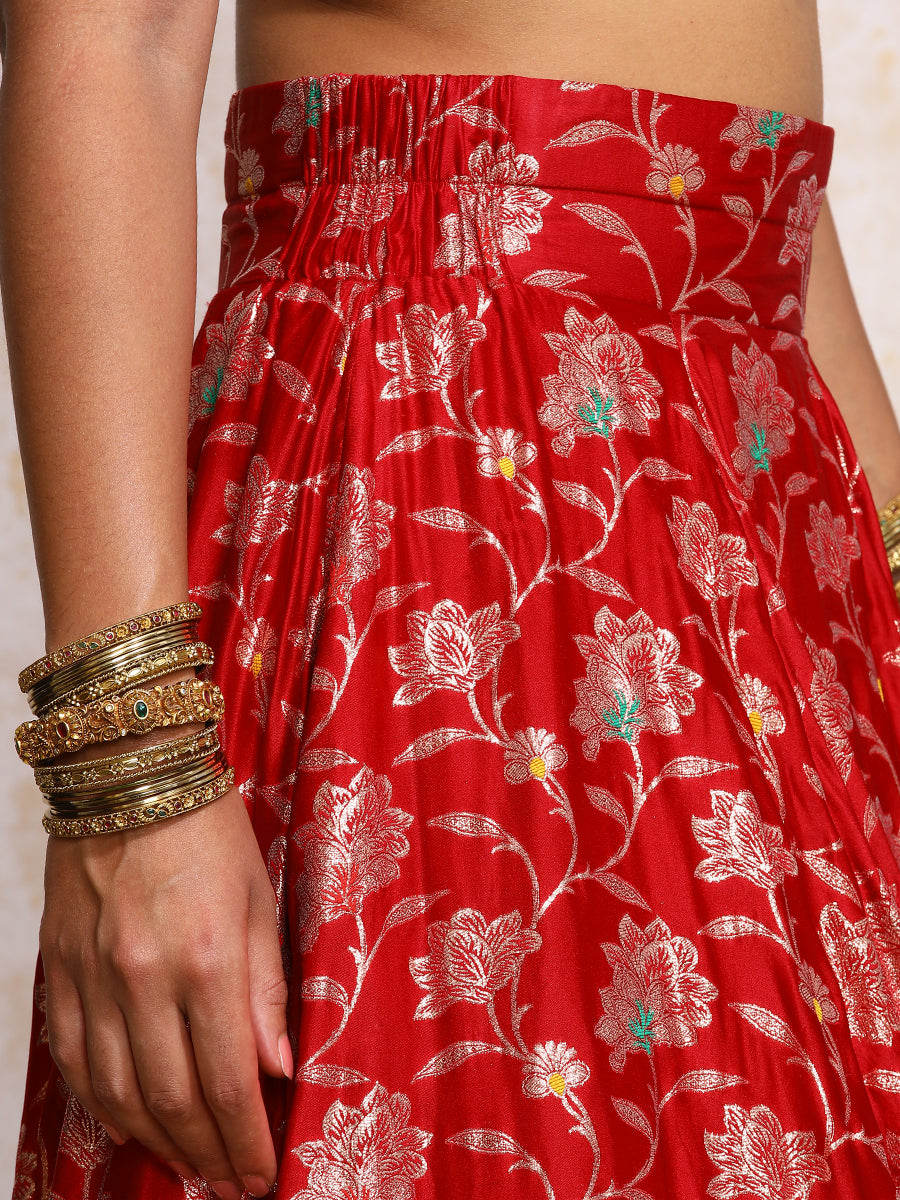 Meenakshi x Tyohaar Lehenga Set, in Red Meenakari Satin Viscose, featuring elbow sleeves and jewel neckline (view 3).