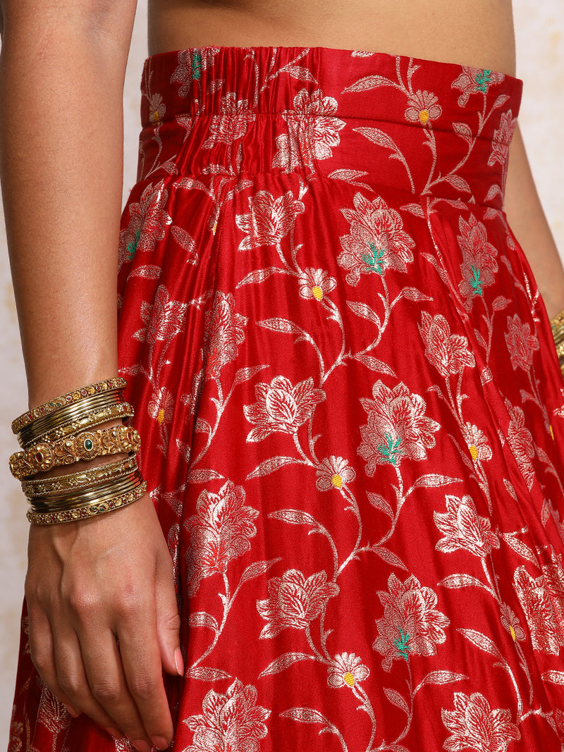 Meenakshi x Tyohaar | Red Meenkari Satin Viscose FlareFit™ Lehenga Set-Binks