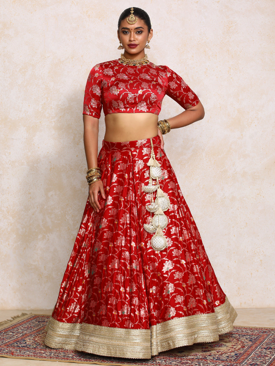 Meenakshi x Tyohaar Lehenga Set, in Red Meenakari Satin Viscose, featuring elbow sleeves and jewel neckline (view 8).