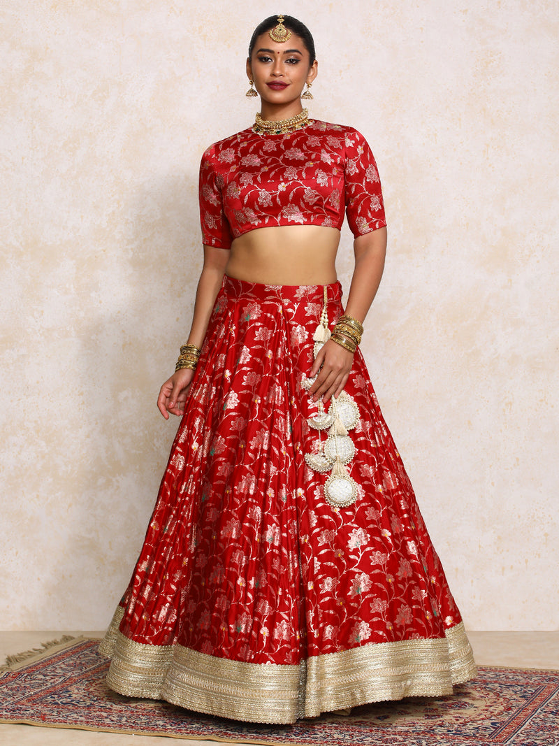 Meenakshi x Tyohaar | Red Meenkari Satin Viscose FlareFit™ Lehenga Set-Binks