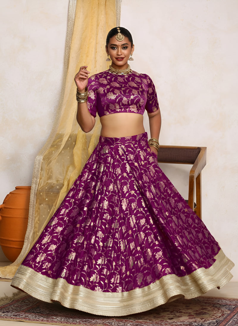 Meenakshi x Tyohaar | Violet Meenakari Satin Viscose FlareFit™ Lehenga Set with Dupatta-Binks