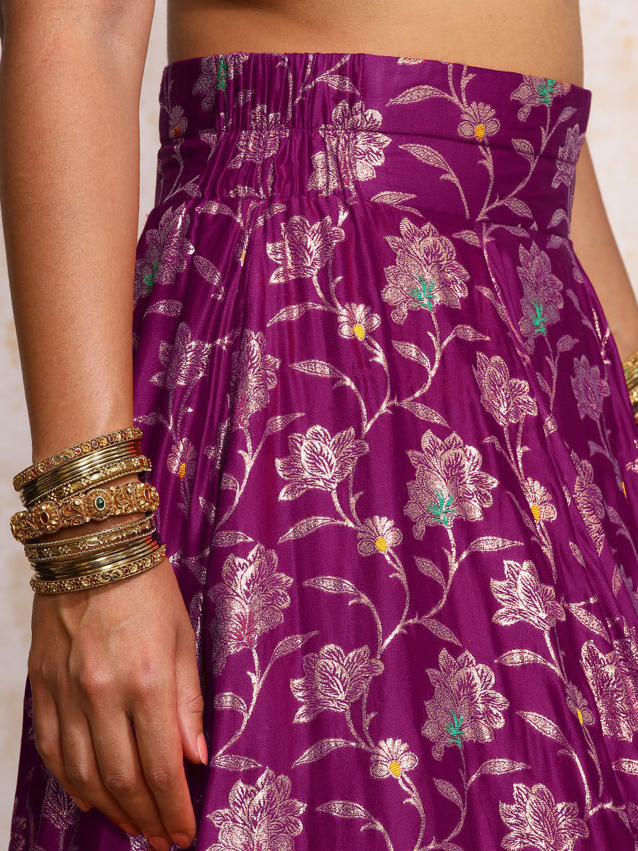 Meenakshi x Tyohaar Lehenga Set, in Purple Meenakari Satin Viscose, featuring elbow sleeves and jewel neckline (view 4).