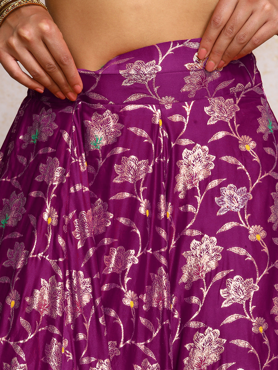 Meenakshi x Tyohaar Lehenga Set, in Purple Meenakari Satin Viscose, featuring elbow sleeves and jewel neckline (view 5).