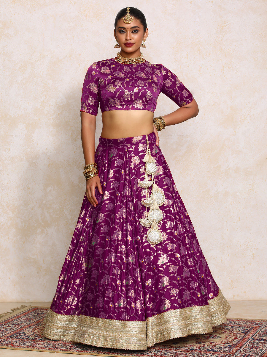 Meenakshi x Tyohaar Lehenga Set, in Purple Meenakari Satin Viscose, featuring elbow sleeves and jewel neckline (view 8).