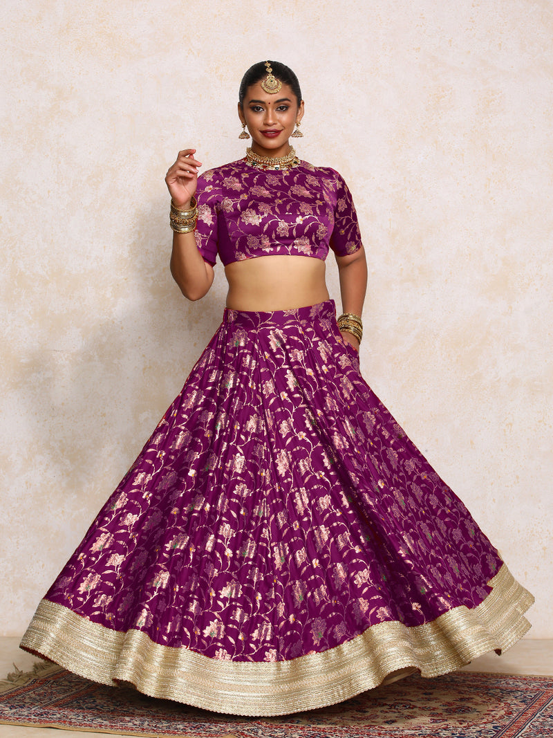 Meenakshi x Tyohaar | Violet Meenkari Satin Viscose FlareFit™ Lehenga Set with Dupatta-Binks