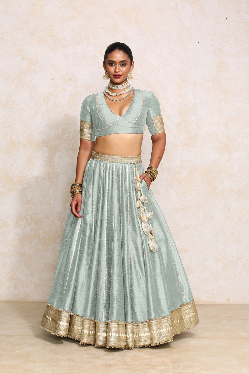 Mehreen x Tyohaar | Blue Green Foil Chandheri FlareFit™ Lehenga Set with Dupatta-Binks