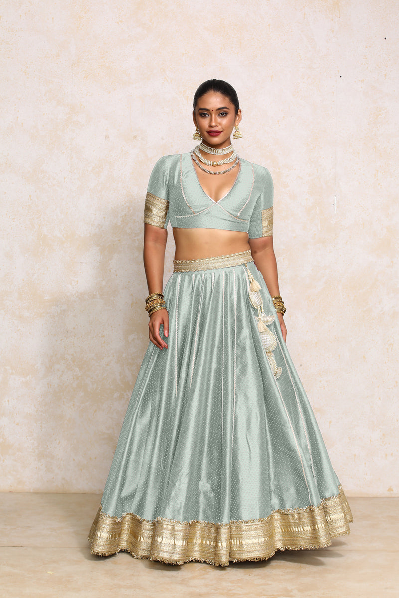 Mehreen x Tyohaar | Blue Green Foil Chandheri FlareFit™ Lehenga Set with Dupatta-Binks