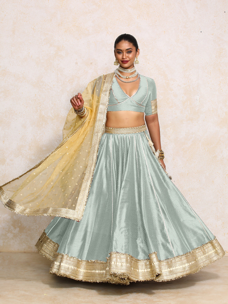 Mehreen x Tyohaar | Blue Green Foil Chandheri FlareFit™ Lehenga Set with Dupatta-Binks