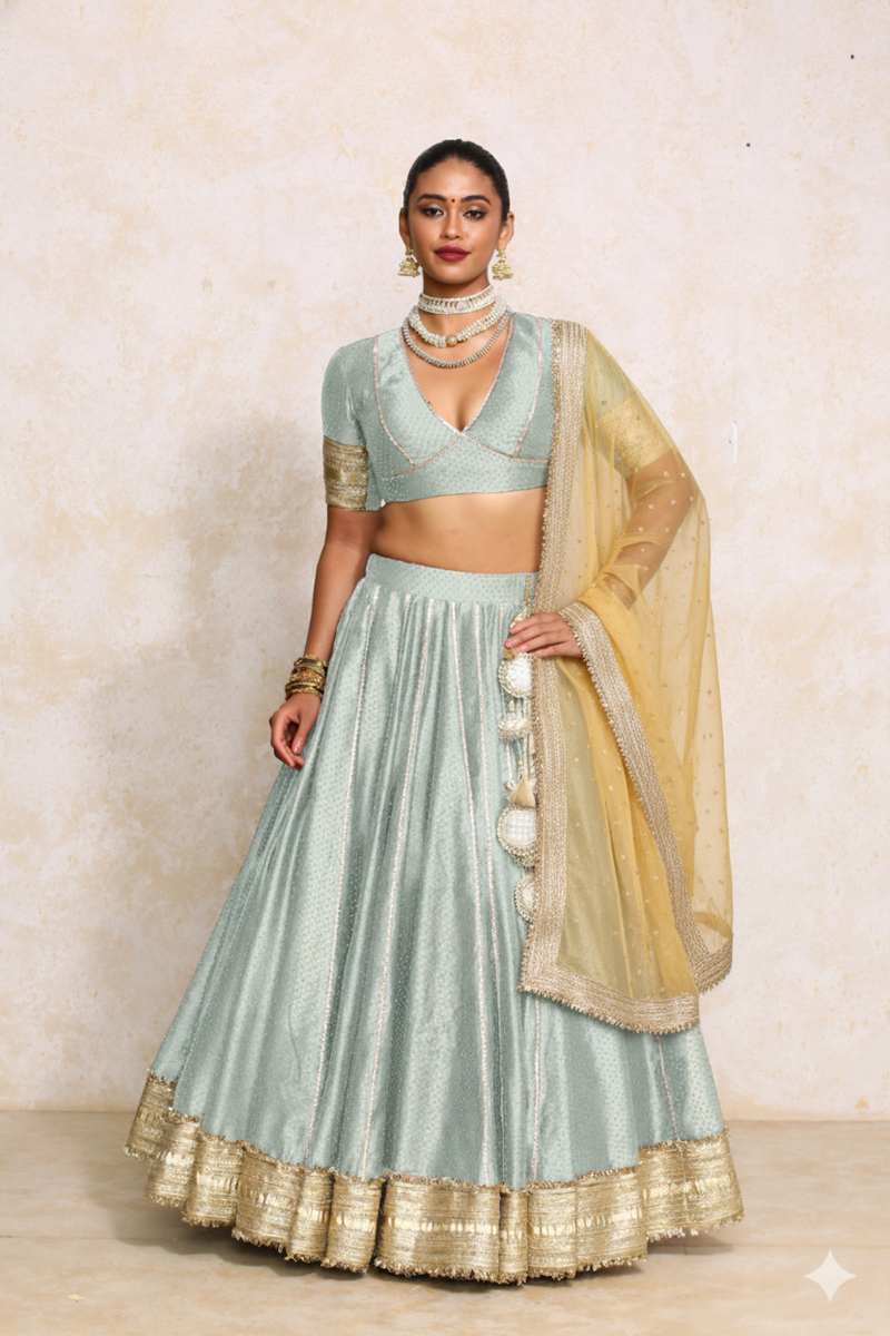 Mehreen x Tyohaar | Blue Green Foil Chandheri FlareFit™ Lehenga Set with Dupatta-Binks