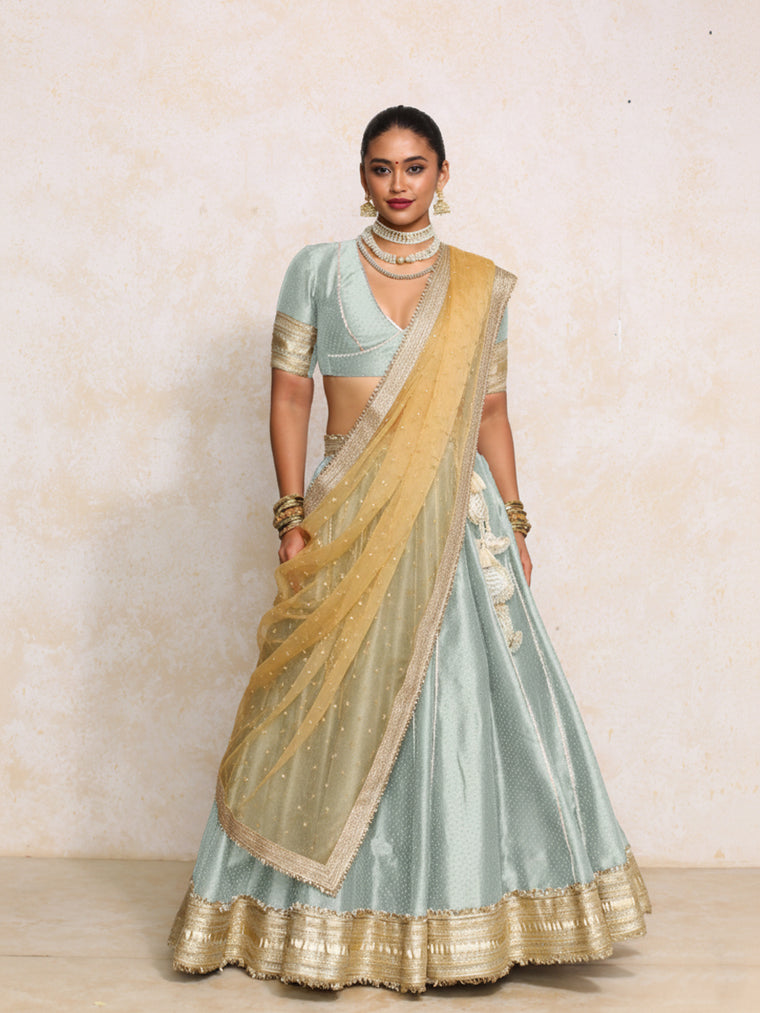Mehreen x Tyohaar Lehenga Set, in Blue Chandheri, featuring elbow sleeves and v-neckline, made for party & festive.