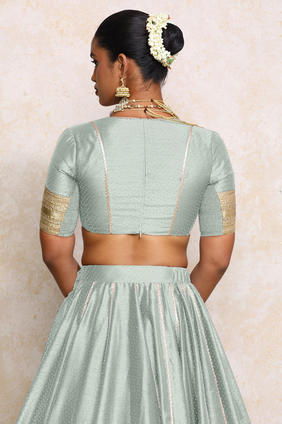 Mehreen x Tyohaar Lehenga Set, in Blue Chandheri, featuring elbow sleeves and v-neckline, made for party & festive (view 2).