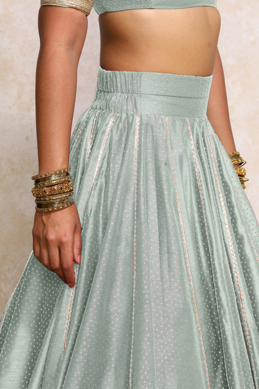 Mehreen x Tyohaar Lehenga Set, in Blue Chandheri, featuring elbow sleeves and v-neckline, made for party & festive (view 3).