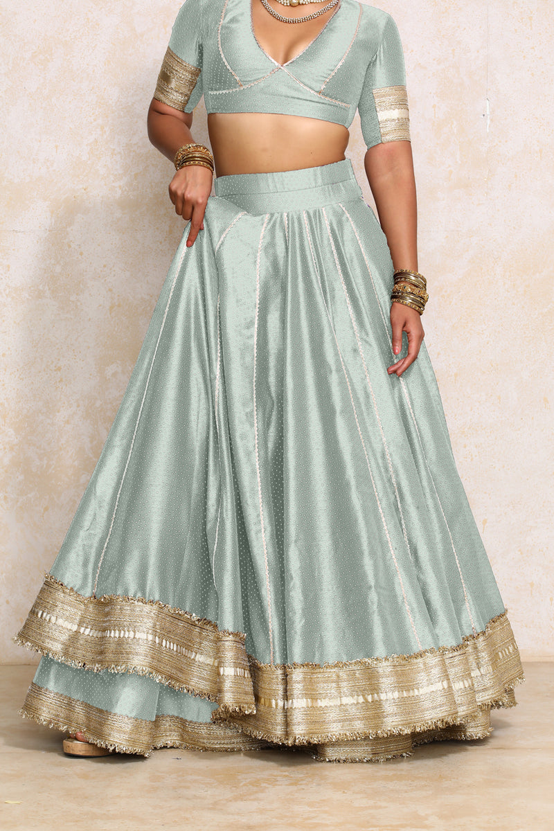 Mehreen x Tyohaar | Blue Green Foil Chandheri FlareFit™ Lehenga Set with Dupatta-Binks
