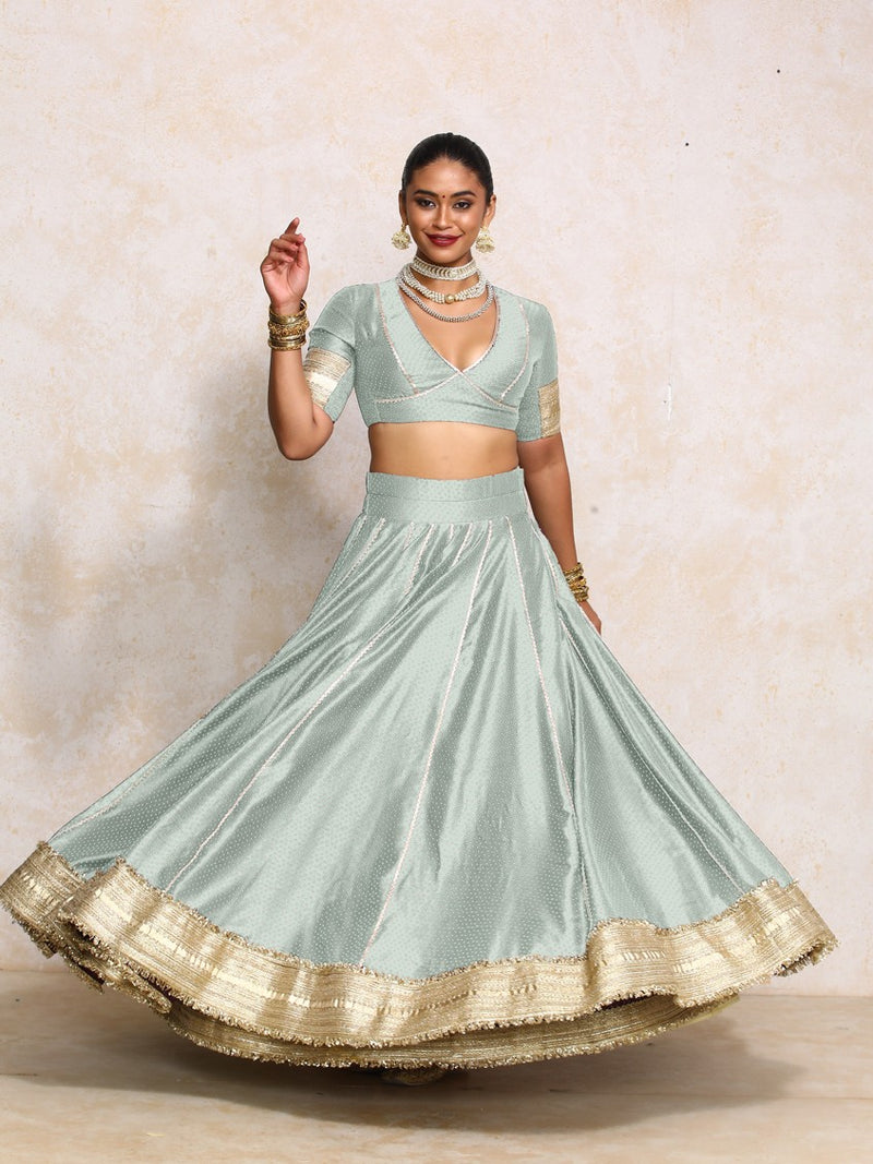 Mehreen x Tyohaar | Blue Green Foil Chandheri FlareFit™ Lehenga Set with Dupatta-Binks