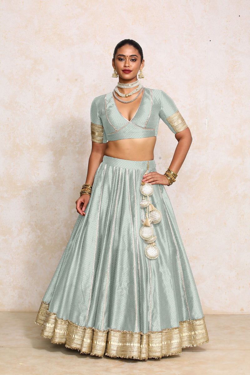 Mehreen x Tyohaar | Blue Green Foil Chandheri FlareFit™ Lehenga Set with Dupatta-Binks