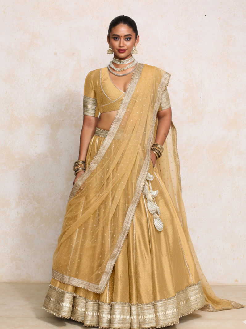 Mehreen x Tyohaar | Gold Foil Chandheri FlareFit™ Lehenga Set with Dupatta-Binks