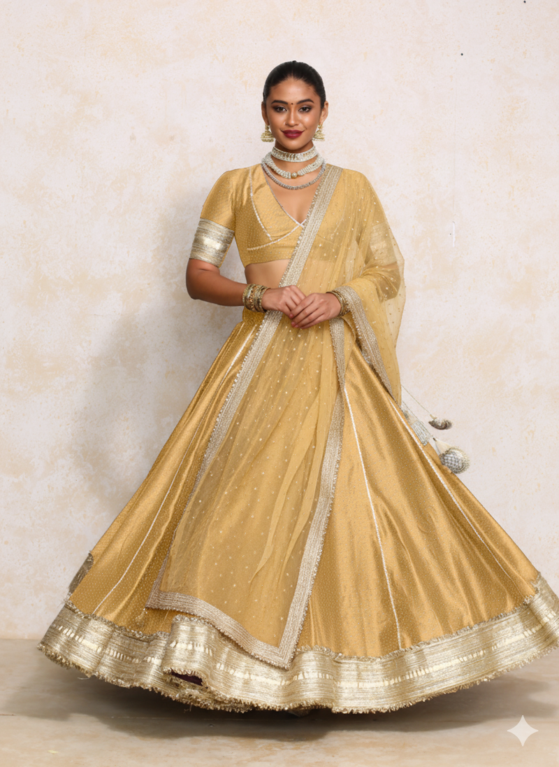 Mehreen x Tyohaar | Gold Foil Chandheri FlareFit™ Lehenga Set with Dupatta-Binks
