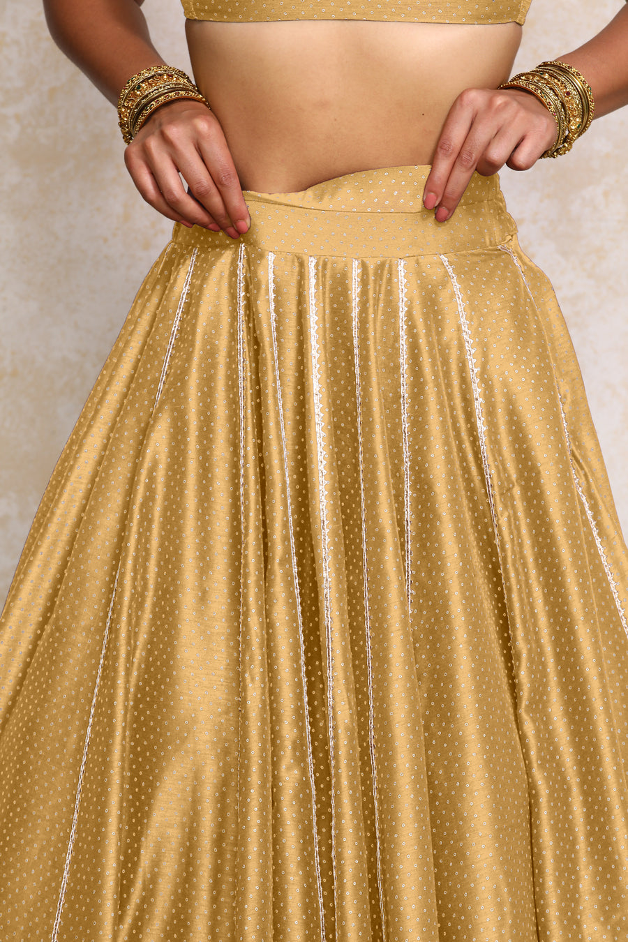 Mehreen x Tyohaar Lehenga Set, in Gold Chandheri, featuring elbow sleeves and v-neckline, made for party & festive (view 4).