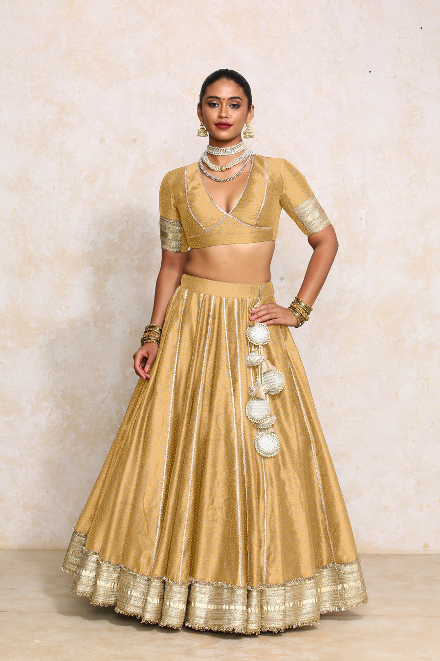 Mehreen x Tyohaar Lehenga Set, in Gold Chandheri, featuring elbow sleeves and v-neckline, made for party & festive (view 7).