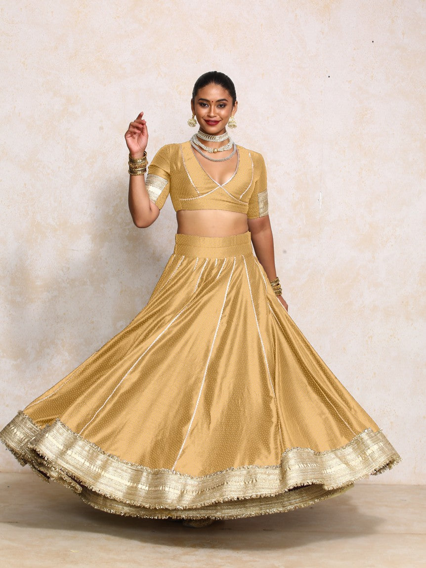 Mehreen x Tyohaar Lehenga Set, in Gold Chandheri, featuring elbow sleeves and v-neckline, made for party & festive (view 8).