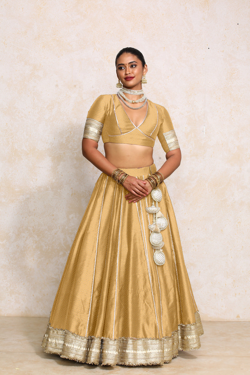Mehreen x Tyohaar | Gold Foil Chandheri FlareFit™ Lehenga Set with Dupatta-Binks