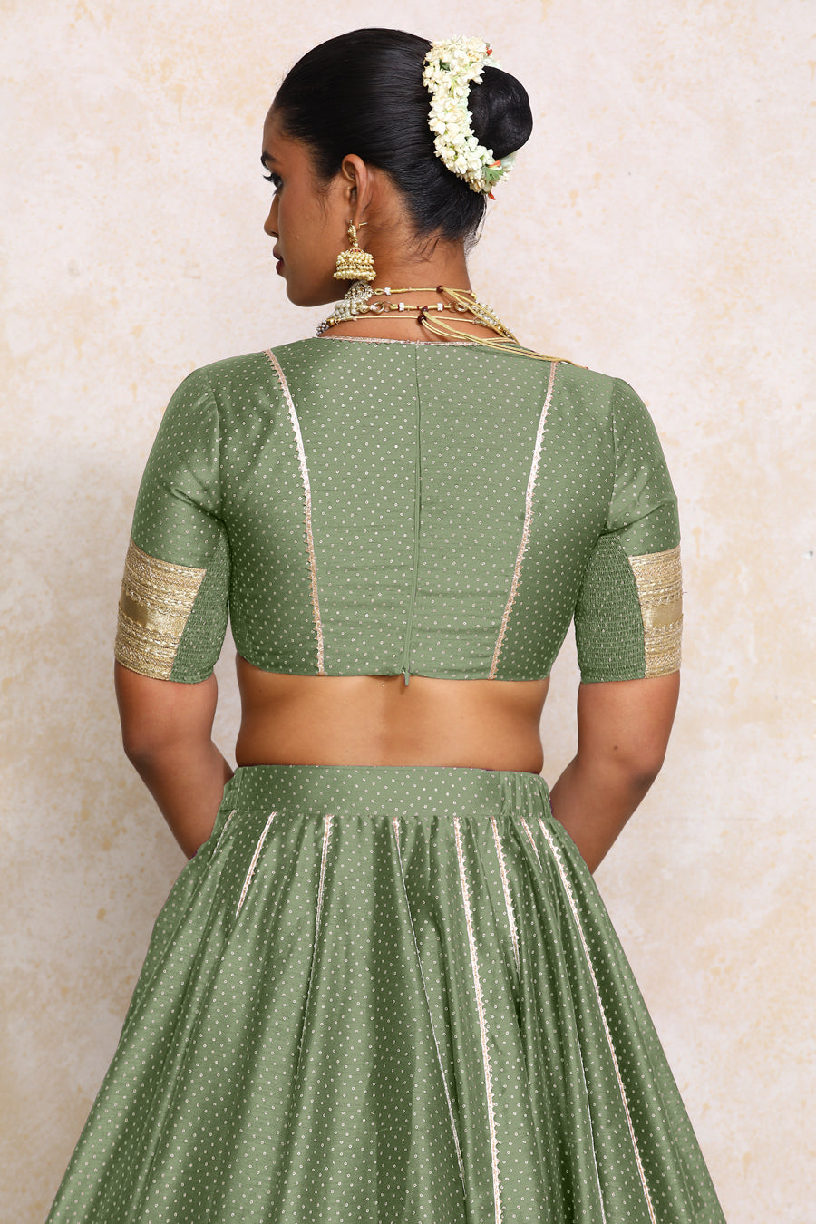 Mehreen x Tyohaar Lehenga Set, in Green Chandheri, featuring elbow sleeves and v-neckline, made for party & festive (view 2).