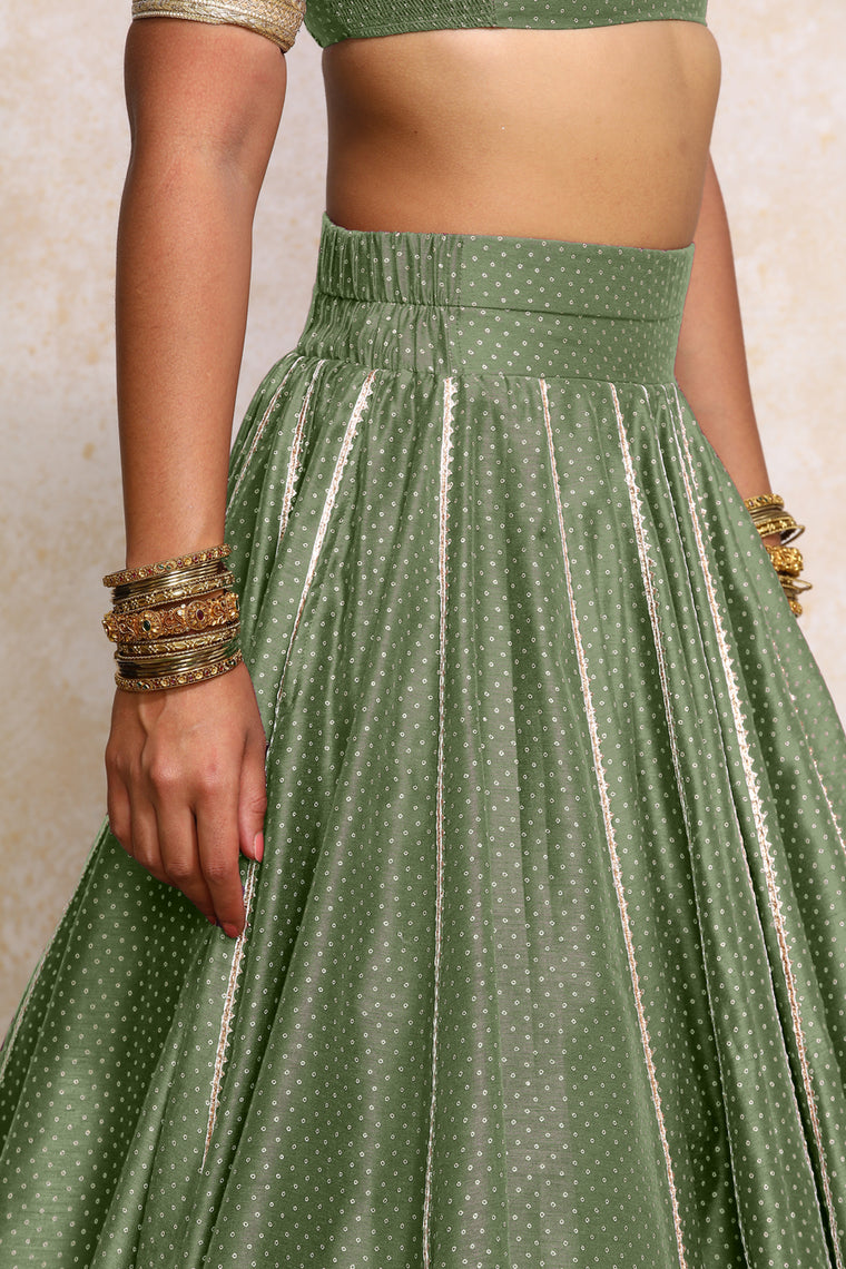 Mehreen x Tyohaar Lehenga Set, in Green Chandheri, featuring elbow sleeves and v-neckline, made for party & festive (view 3).