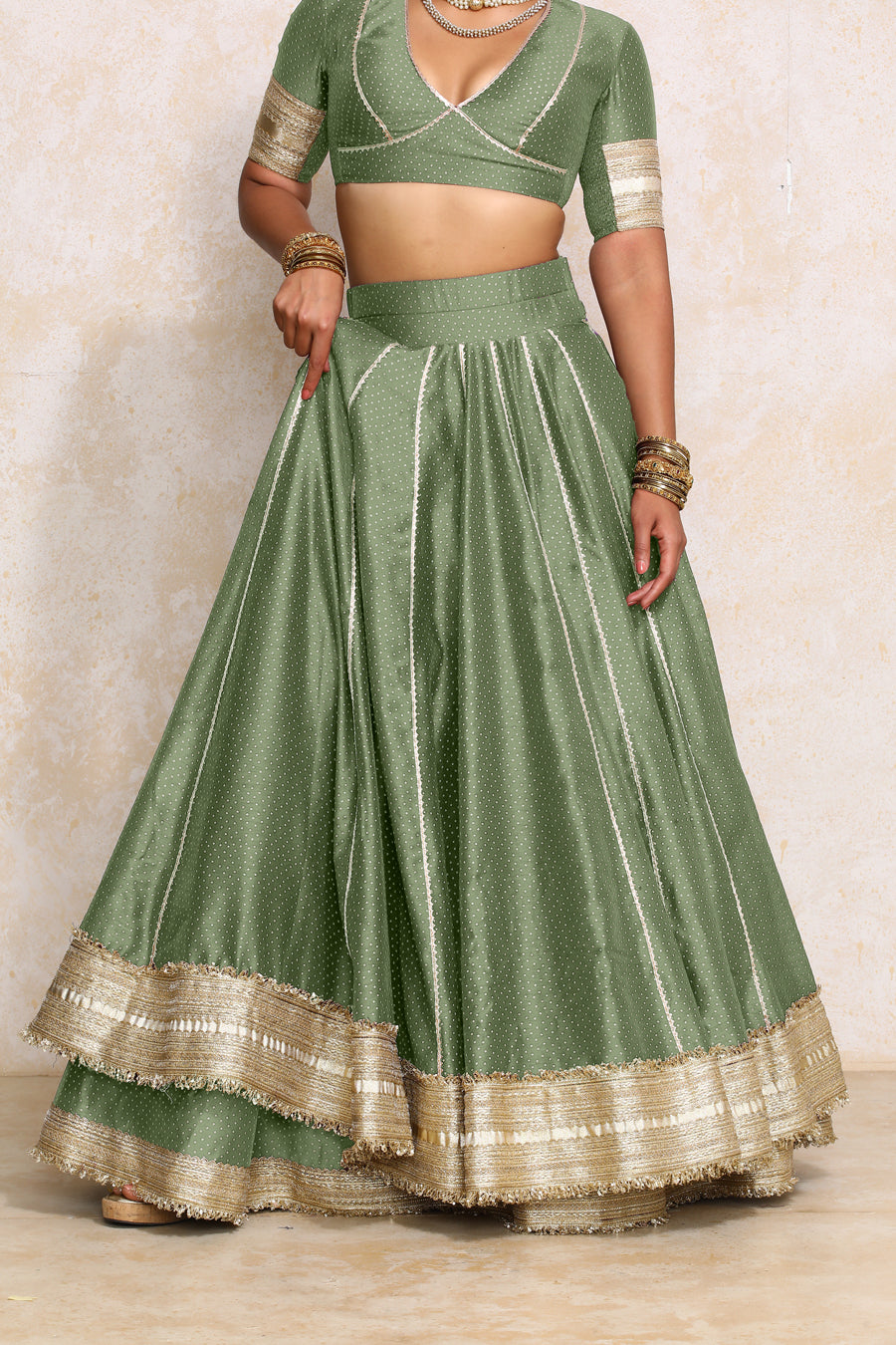 Mehreen x Tyohaar Lehenga Set, in Green Chandheri, featuring elbow sleeves and v-neckline, made for party & festive (view 6).