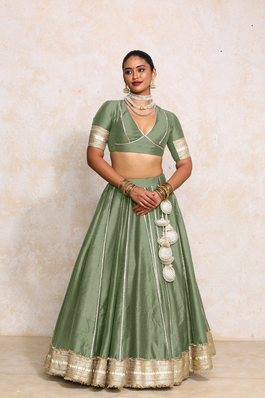 Mehreen x Tyohaar Lehenga Set, in Green Chandheri, featuring elbow sleeves and v-neckline, made for party & festive (view 8).