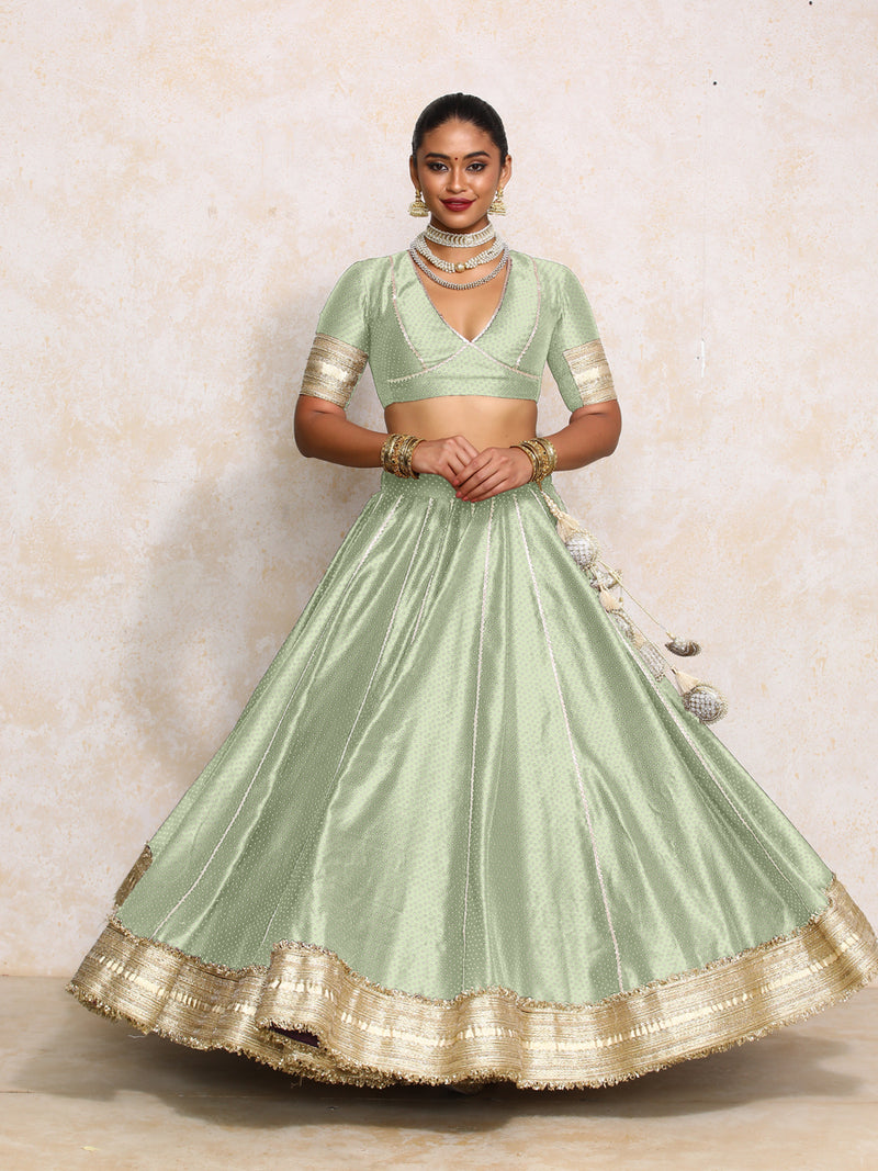 Mehreen x Tyohaar | Light Green Foil Chandheri FlareFit™ Lehenga Set with Dupatta-Binks