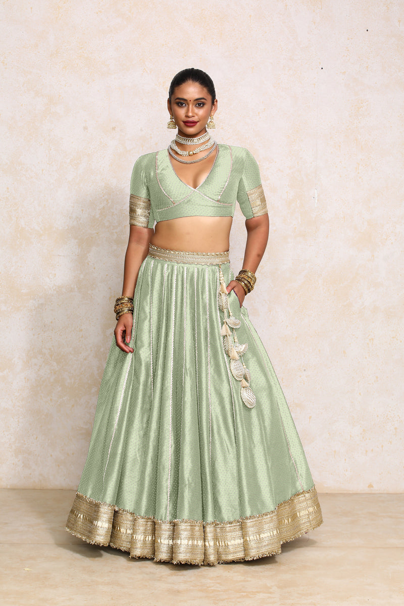 Mehreen x Tyohaar | Light Green Foil Chandheri FlareFit™ Lehenga Set with Dupatta-Binks