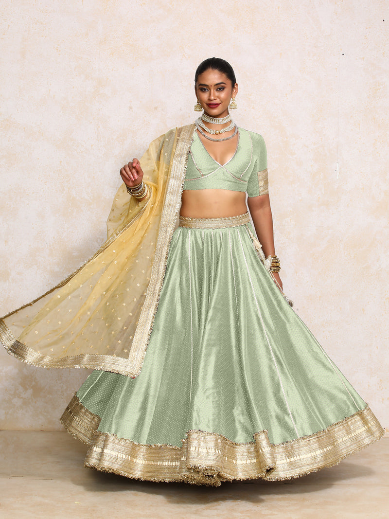 Mehreen x Tyohaar | Light Green Foil Chandheri FlareFit™ Lehenga Set with Dupatta-Binks