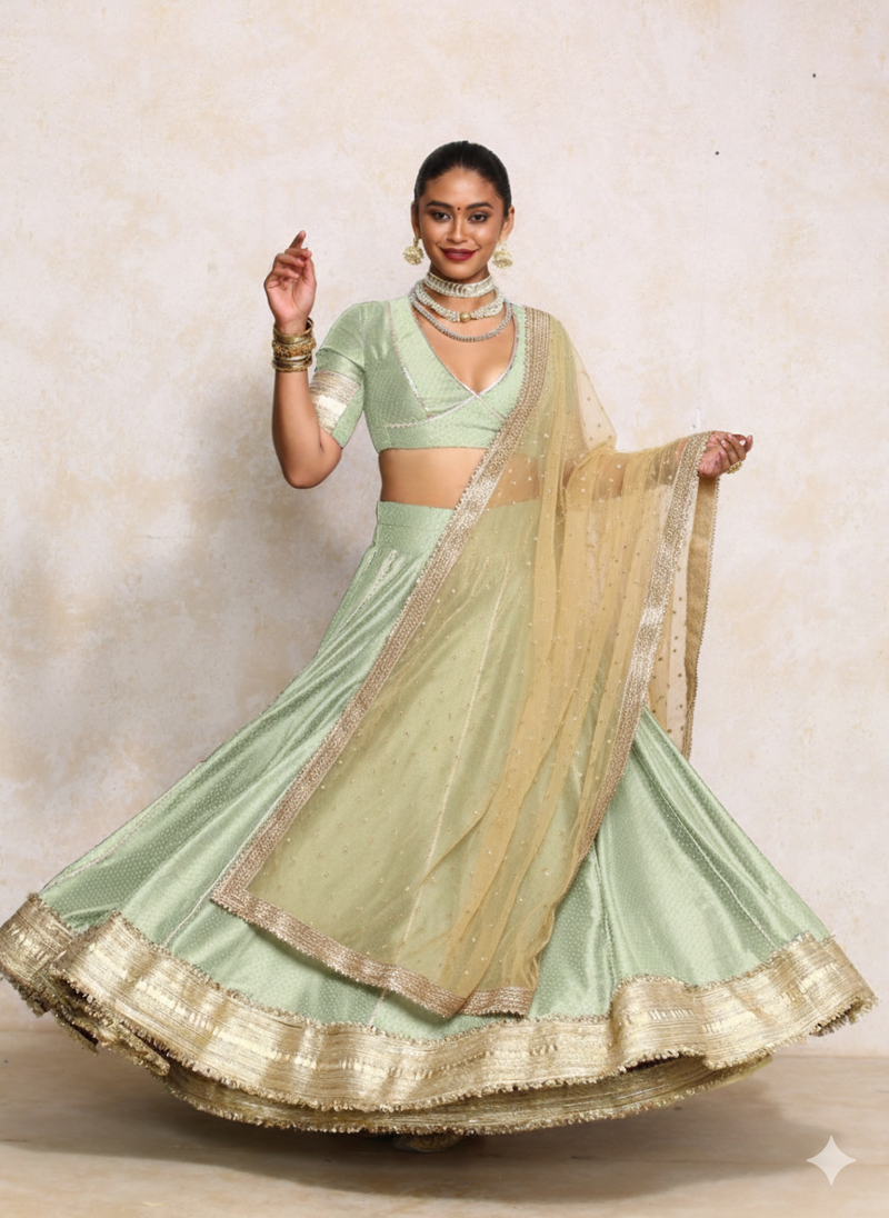 Mehreen x Tyohaar | Light Green Foil Chandheri FlareFit™ Lehenga Set with Dupatta-Binks